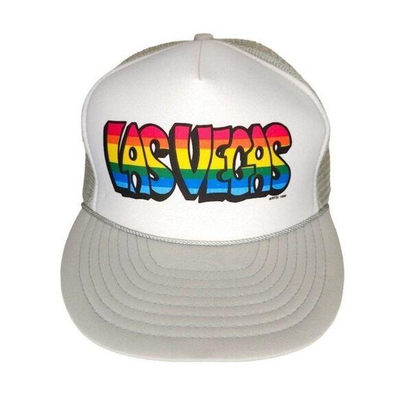 Vintage Las Vegas Rainbow Trucker Hat Mens One Size Gray 80s Rope Cap Pride